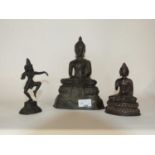 Bronze model of the Buddha Shakaymuni together with a smaller example and further Hindu Deity, the