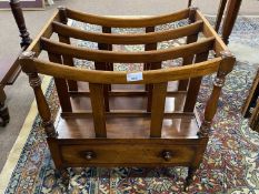 Canterbury mahogany magazine rack of typical form, the top with three sections over a base drawer