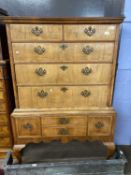 18th Century and later walnut and oak chest on stand, the top section with two short over three long