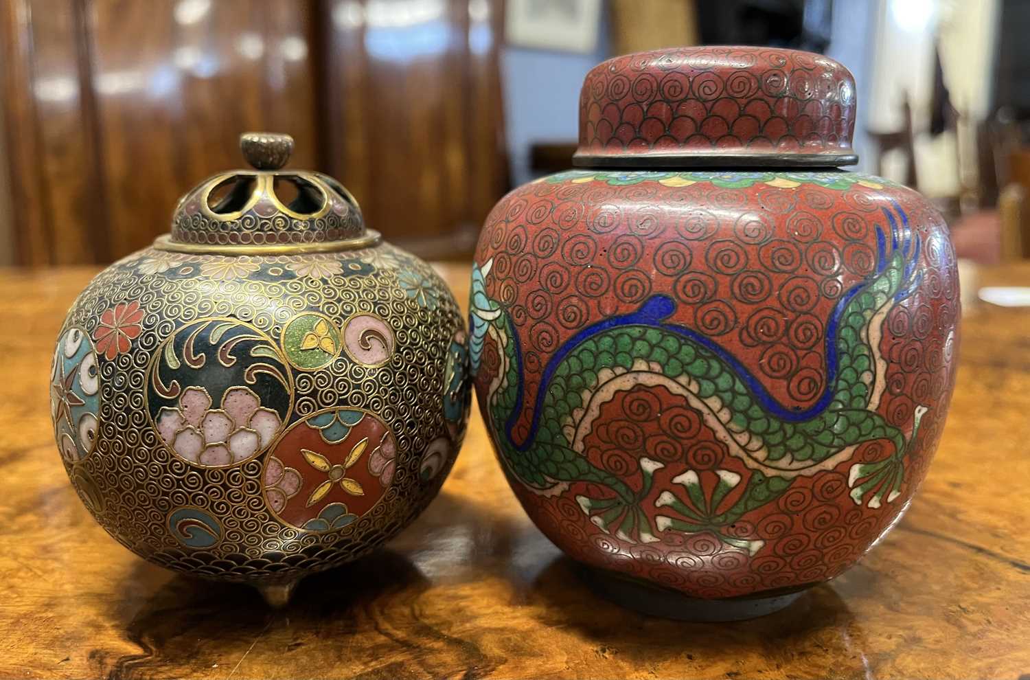 Cloisonne incense burner of globular form with pierced cover together with a small Cloisonne jar and - Image 7 of 36