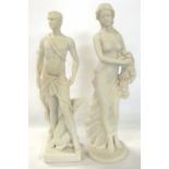 A pair of Parian ware type figures of classical design on a circular base and rectangular base, 36cm