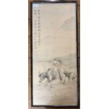 Chinese ink and wash on silk, circa 20th century, ink calligraphy to border, 13.5x32ins, framed