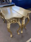 Pair of modern composition gilt effect cabriole legged side tables, 114cm wide, 36cm deep and 74cm