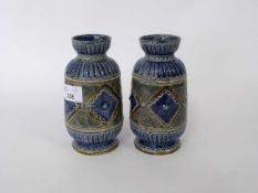 Pair of 19th Century Doulton Lambert stone ware vases with geometric incised decoration by Emily