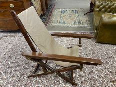 Late 19th or early 20th Century hardwood campaign style folding chair with fabric seat