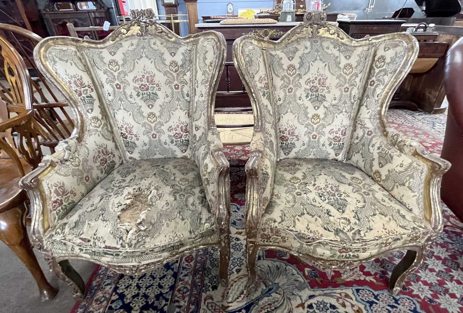 A pair of 19th Century gilt wood framed armchairs, for restoration, 107cm high - Image 2 of 5