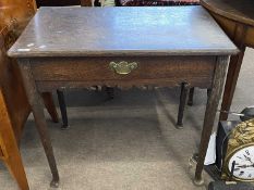 George III oak side table with single drawer raised on tapering legs with pad feet, 76cm wide,