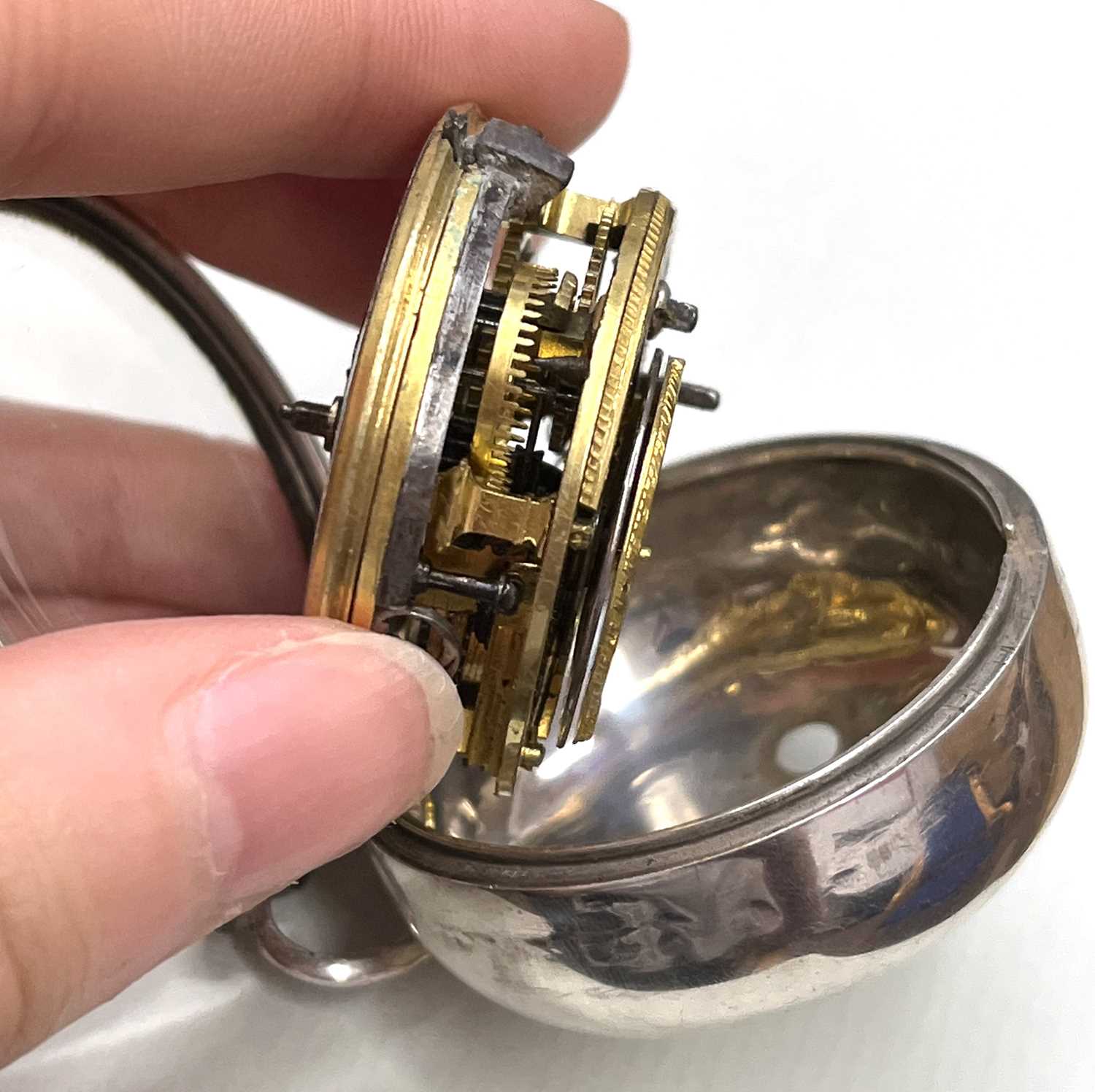 Jas Holroyd, Leeds, 18th Century silver cased verge pocket watch, the case with poorly struck - Image 5 of 9