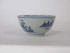 18th Century Chinese porcelain slop bowl with blue and white design, 11cm diameterGood condition