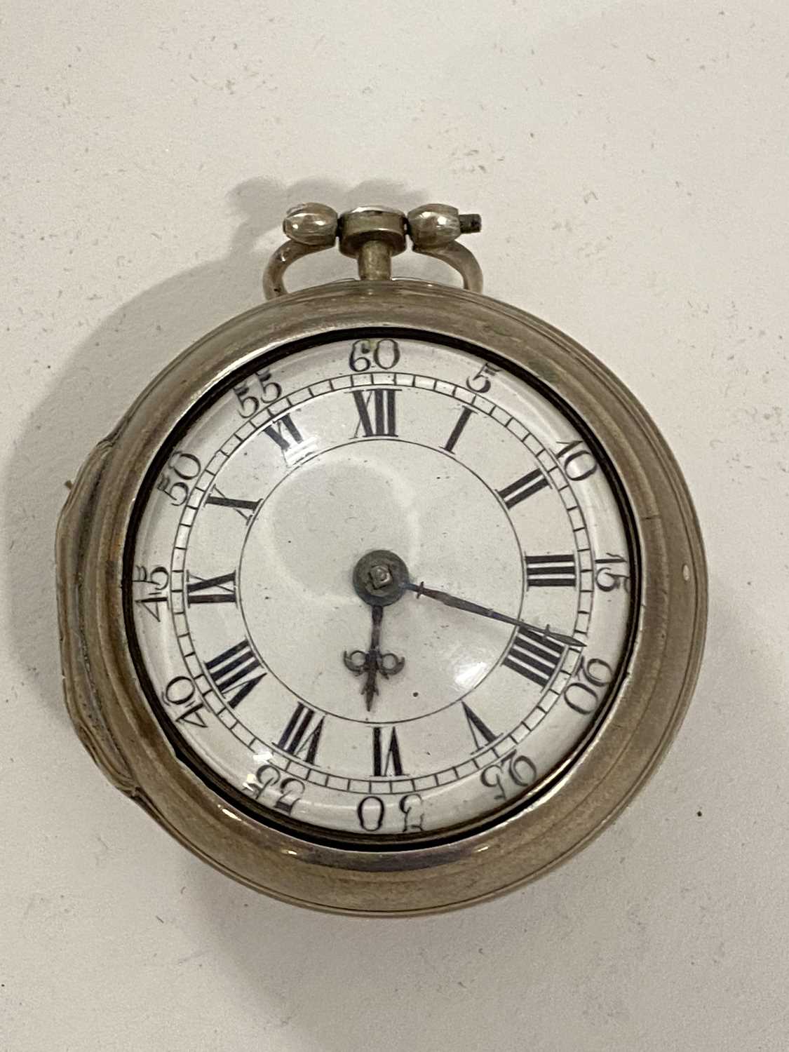 Jas Holroyd, Leeds, 18th Century silver cased verge pocket watch, the case with poorly struck