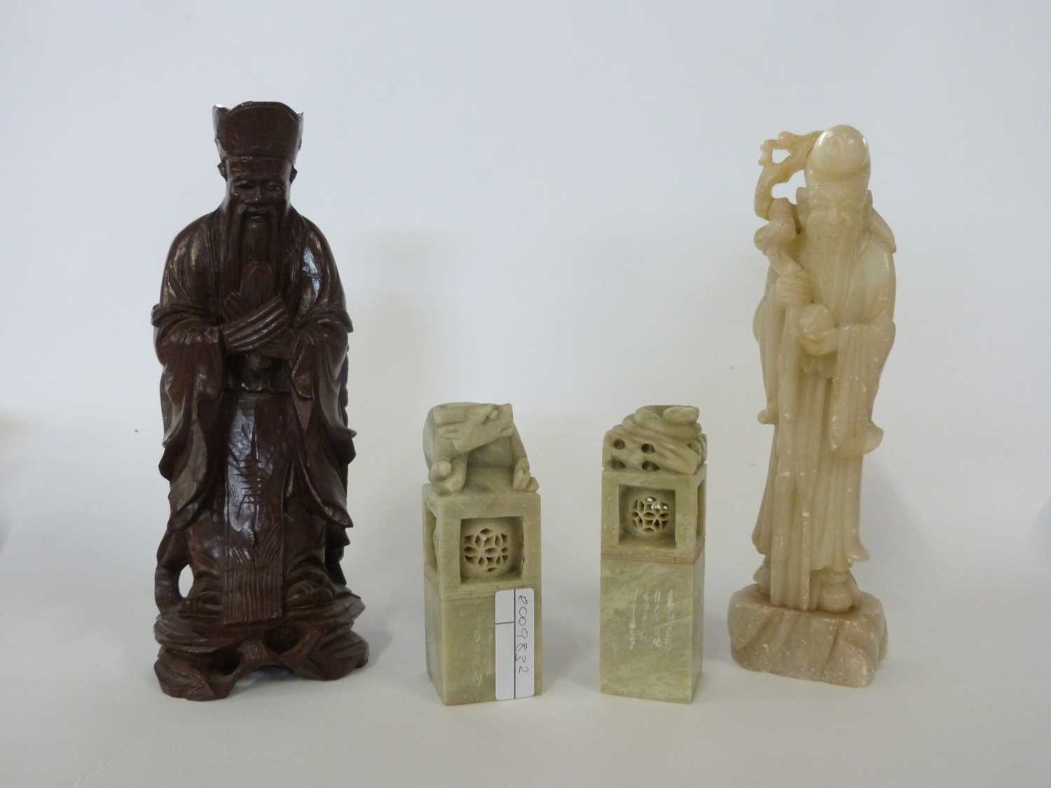 Group of Chinese wares including a soap stone carving, Chinese Deity a further wooden carving