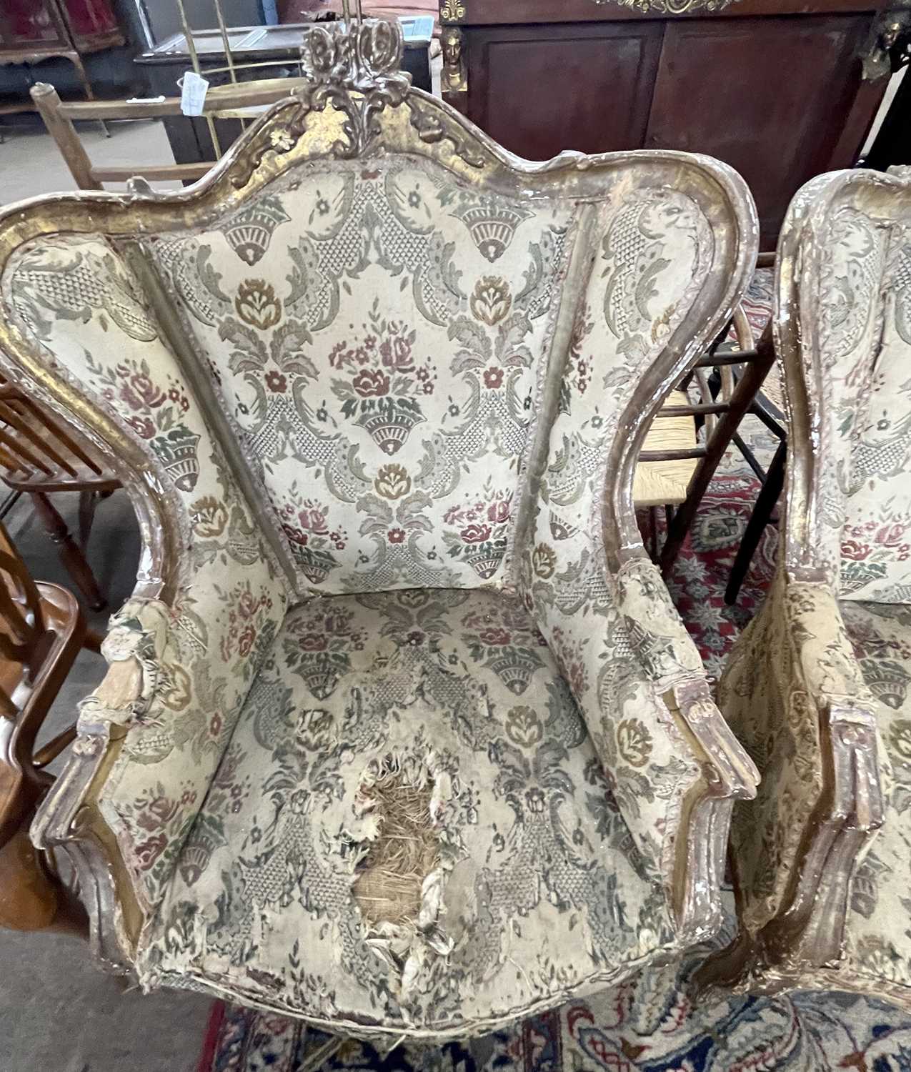 A pair of 19th Century gilt wood framed armchairs, for restoration, 107cm high - Image 3 of 5