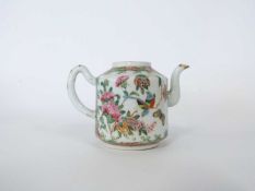 19th Century Cantonese porcelain teapot decorated with Chinese figures with butterflies and birds