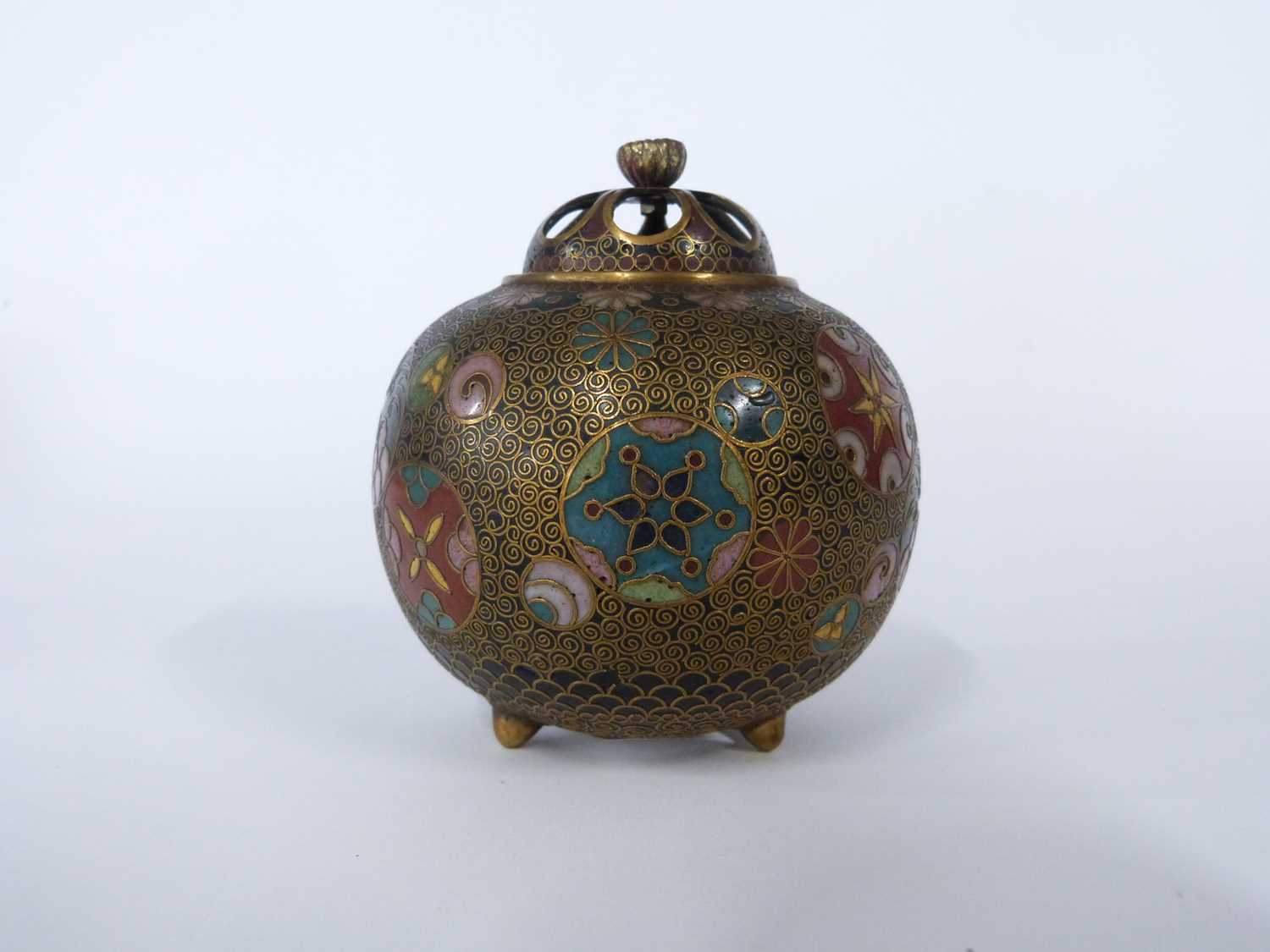 Cloisonne incense burner of globular form with pierced cover together with a small Cloisonne jar and - Image 3 of 36