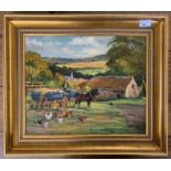 Donald Henry Ford (British,1892-1965), a rural setting with horse, carts and poultry, oil on