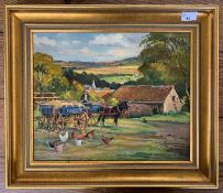 Donald Henry Ford (British,1892-1965), a rural setting with horse, carts and poultry, oil on