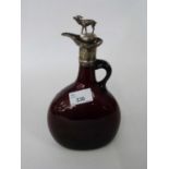 Bristol amethyst coloured glass decanter with white metal top and cover, 21cm high