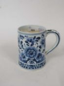 19th Century Delft ware tankard with blue and white design in 18th Century style, 12cm high