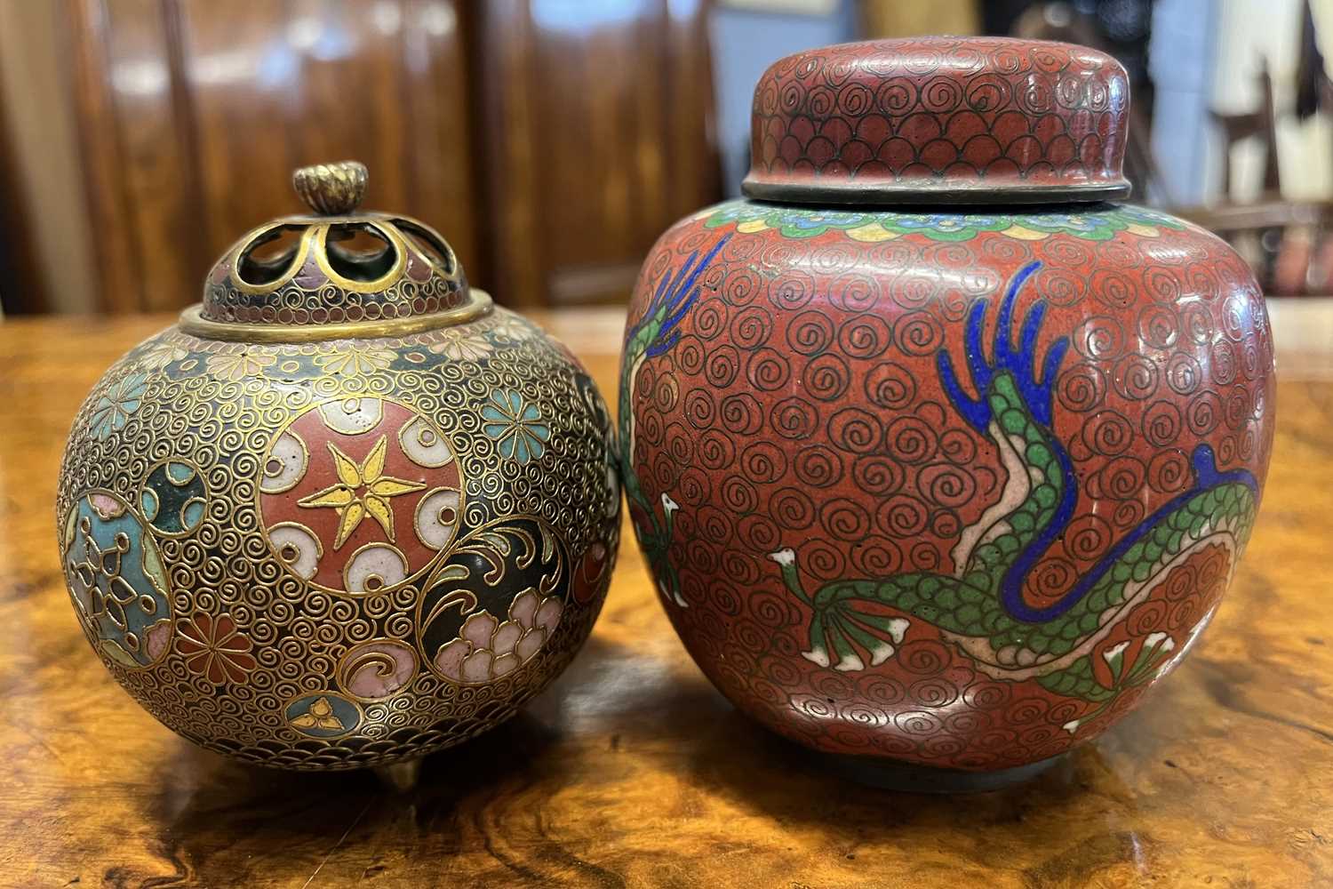 Cloisonne incense burner of globular form with pierced cover together with a small Cloisonne jar and - Image 21 of 36