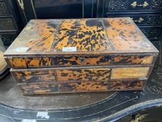 A 19th Century tortoiseshell mounted writing box of hinged rectangular form, the interior with