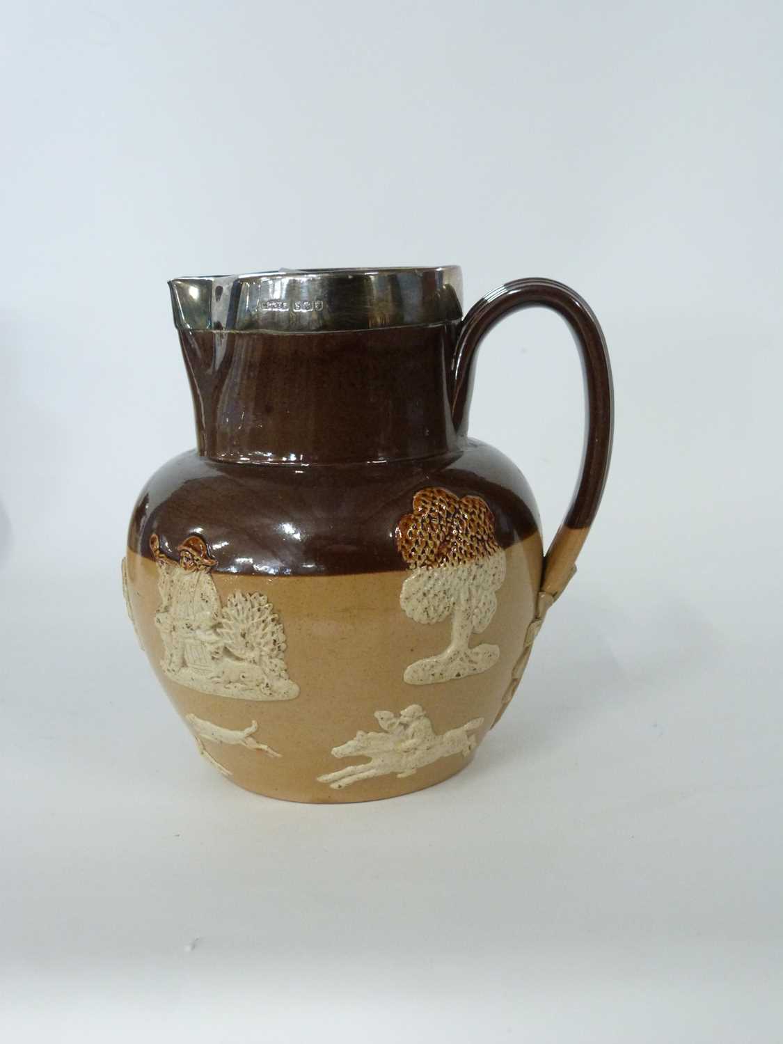 Two Doulton Lambeth harvest jugs with Sheffield silver rims - Image 2 of 4