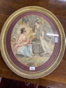 19th Century religious needlework and silk picture set in an oval gilt frame, frame 56 x 49cm