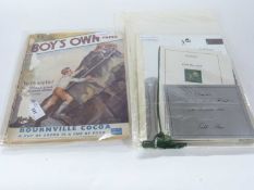 Copies of the Boys Own magazine March 1937 together with ephemera including a menu card for lunch at