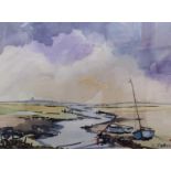 Leonard Coxall (British, 20th century), moored boasts on the North Norfolk coast, watercolour,