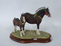 Model of two show horses by Border Fine Arts on shaped wooden base, 32cm long