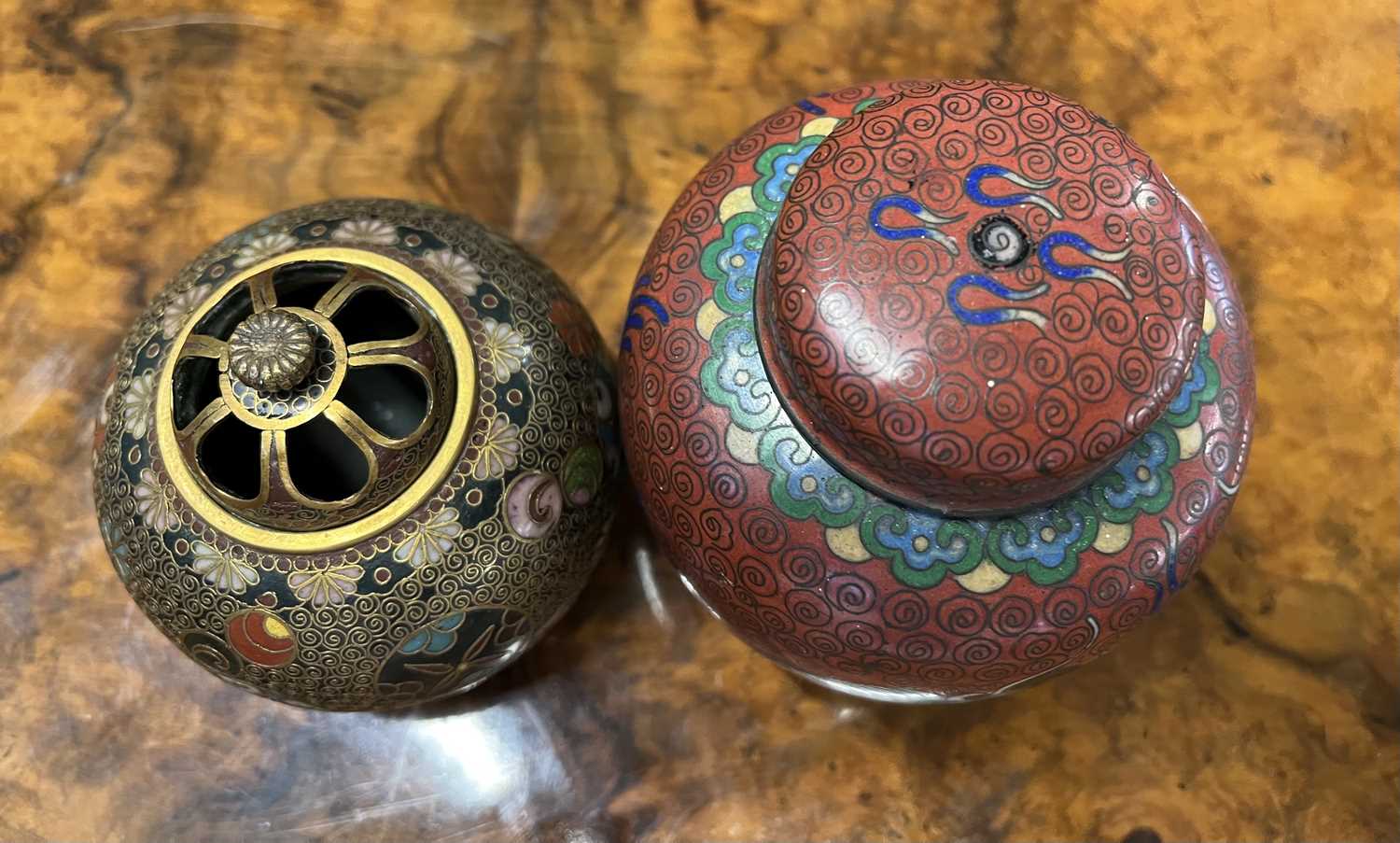 Cloisonne incense burner of globular form with pierced cover together with a small Cloisonne jar and - Image 20 of 36