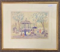 William George Tuck (British,1900-1999), a park scene depicting figures before a bandstand,