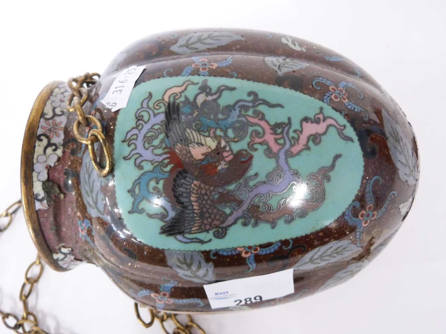 An unusual Cloisonne hanging basket of lobed shape decorated with dragons and a phoenix (a/f) - Image 4 of 10