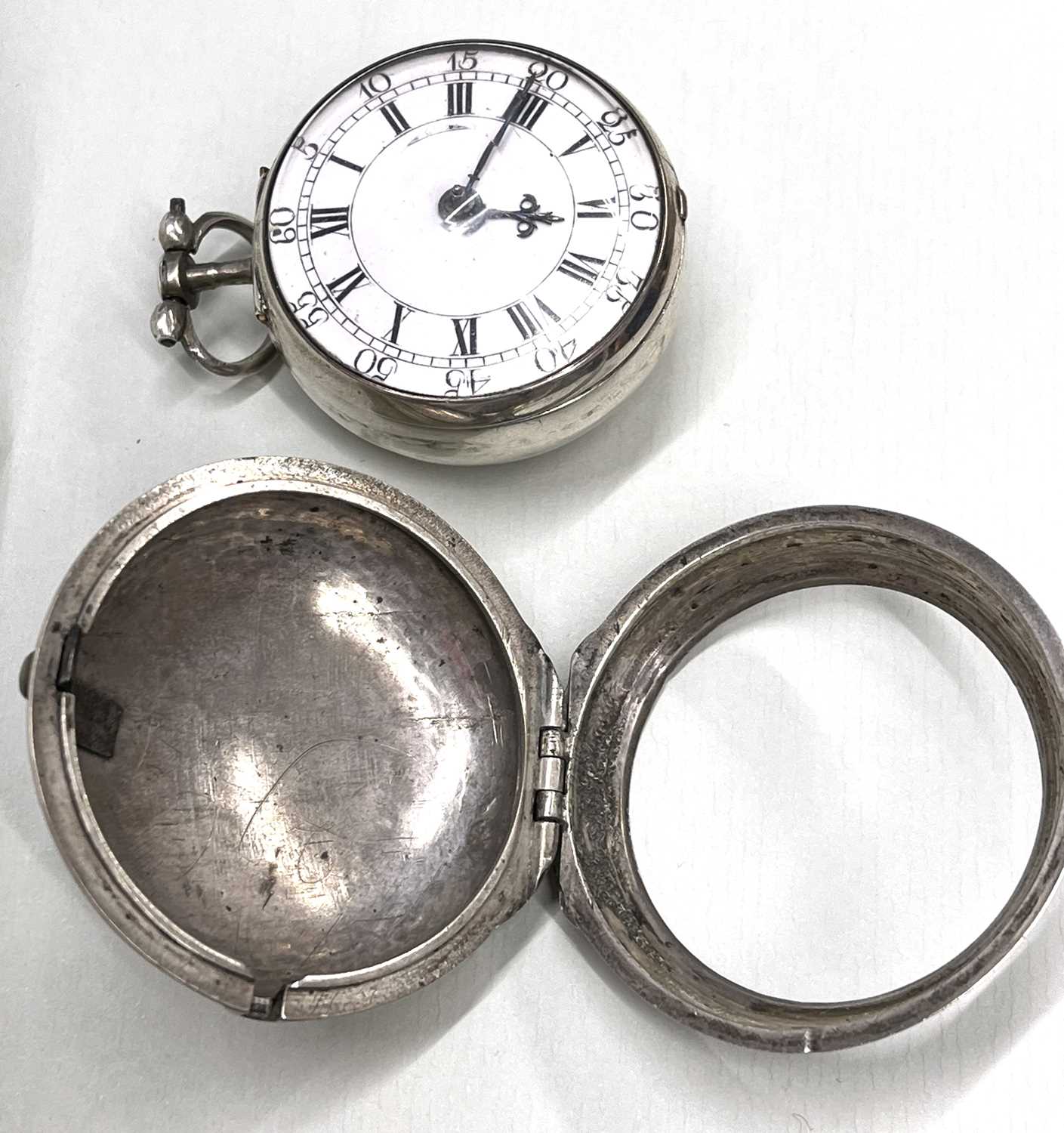 Jas Holroyd, Leeds, 18th Century silver cased verge pocket watch, the case with poorly struck - Image 9 of 9