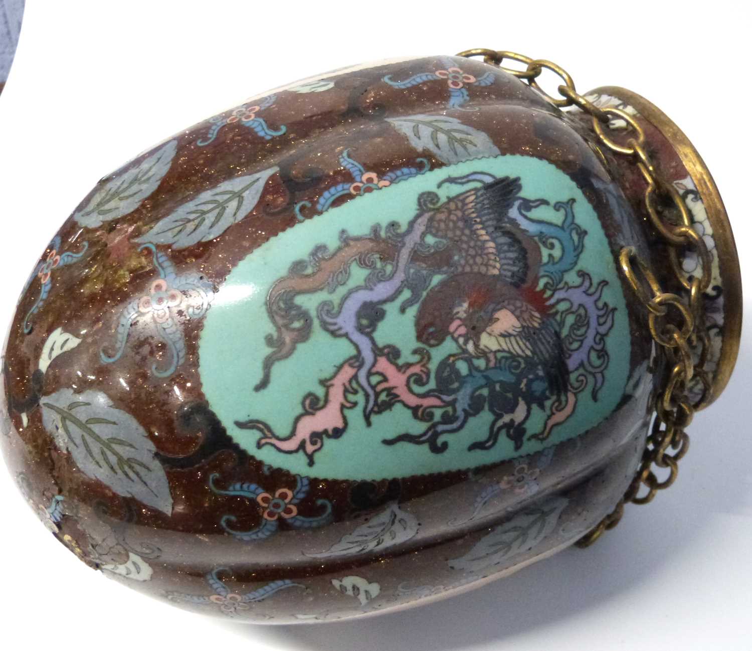 An unusual Cloisonne hanging basket of lobed shape decorated with dragons and a phoenix (a/f) - Image 5 of 10