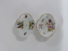 Two Dresden saucers of quatrefoil shape, one decorated with birds, the other with flowers, AR mark
