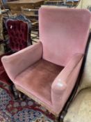 Late 19th or early 20th Century pink upholstered armchair with turned wooden frame, 105cm high