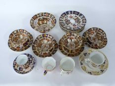 Collection of Imari style cups and saucers, also in Crown Derby style with a Crown Derby coffee