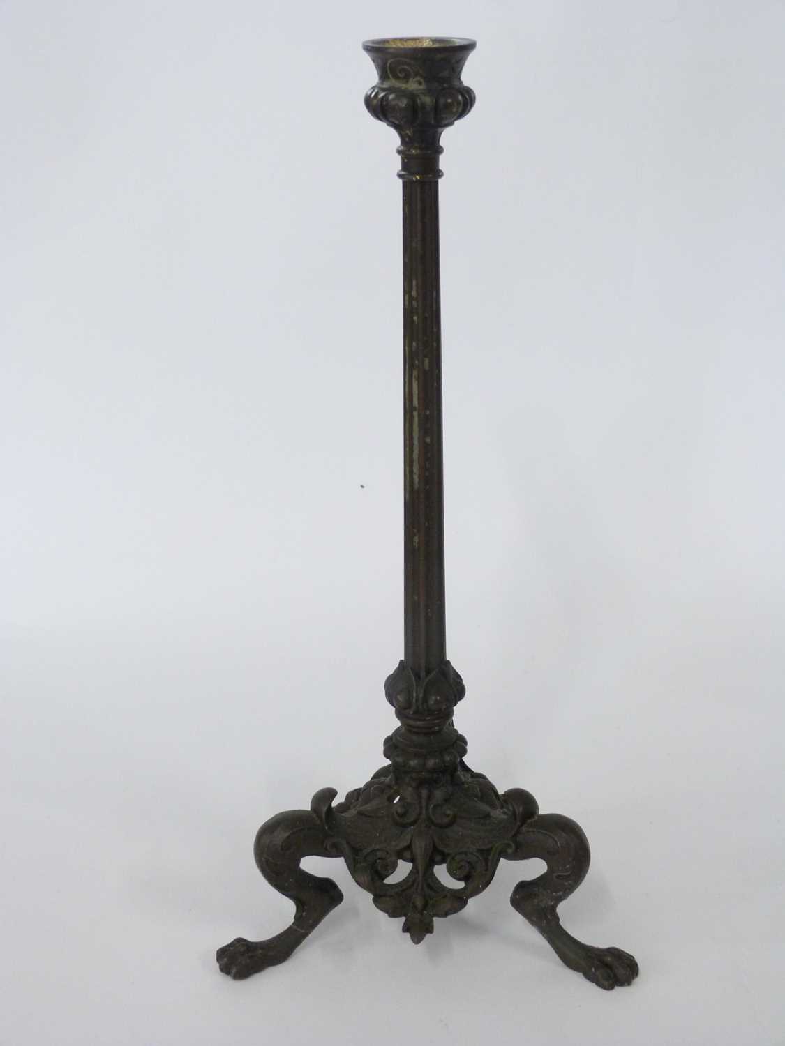 Pair of bronzed metal Art Nouveau style candlesticks, the columns raised on three scroll feet, - Image 2 of 2