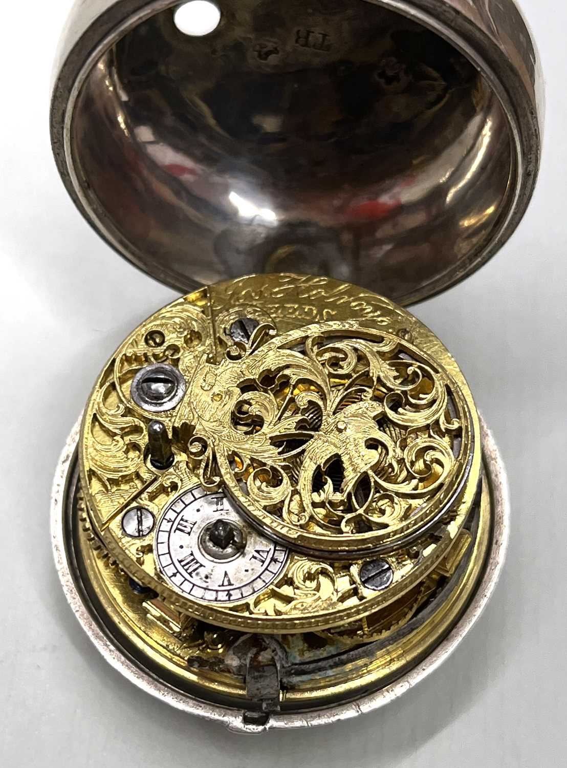 Jas Holroyd, Leeds, 18th Century silver cased verge pocket watch, the case with poorly struck - Image 4 of 9