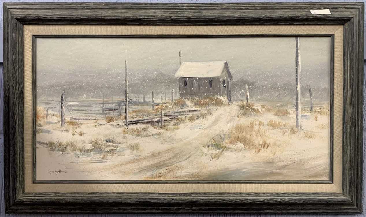 Willie Crockett (American, 20th century), Eastern Shore in winter, oil on canvas, signed and