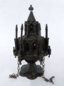 Unusual bronzed metal incense burner, the top modelled in gothic style as a cathedral on shaped