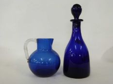 19th Century Bristol blue mallet shape decanter with ball stopper together with a Bristol blue