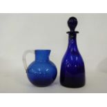 19th Century Bristol blue mallet shape decanter with ball stopper together with a Bristol blue