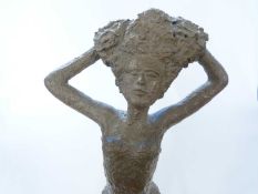 Metal sculpture of a young girl on rectangular base, 60cm high