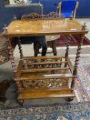 Victorian burr/walnut combination canterbury and what-not, 58cm wide, 36cm deep and 84cm high