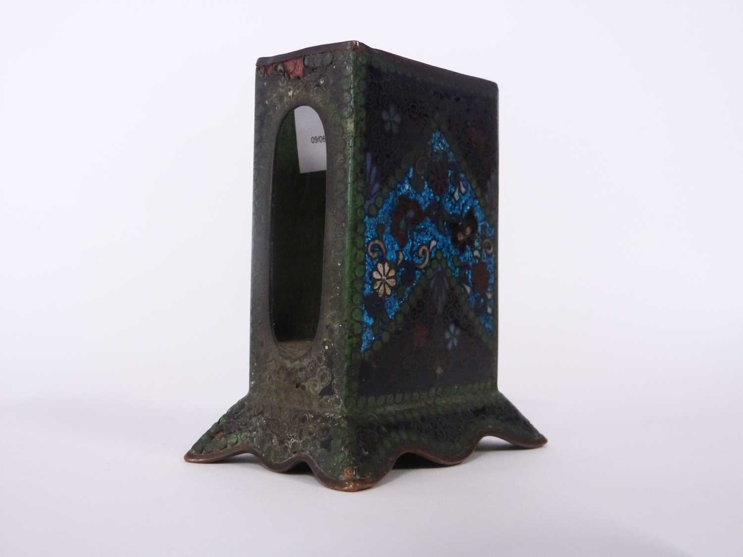 Cloisonne matchbox holder raised on shaped feet, 8cm high