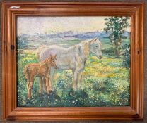 After Sir John Arnesby Brown, Mare and foal, bears initials "A.B", oil on board,15.5x19.5ins,