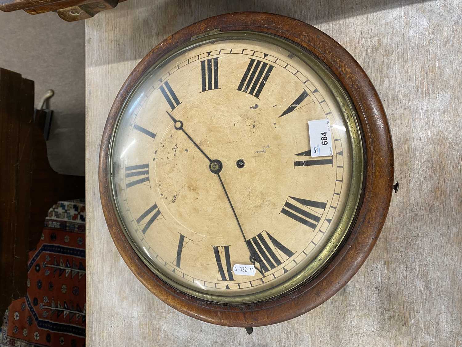 19th Century wall clock with circular dished dial, dial diameter 30cm to brass movement with