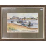 Irene Ogden (British, 20th century), Moored boats on a coastline, watercolour,13x21ins, signed