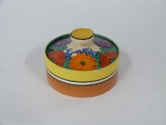 Clarice Cliff Gayday circular pot and cover, the base with bizarre and facsimile signature